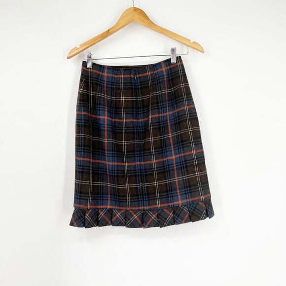 cabi Plaid Academia Ruffle Trim Wool Blend Skirt Size 2 - Picture 2 of 5